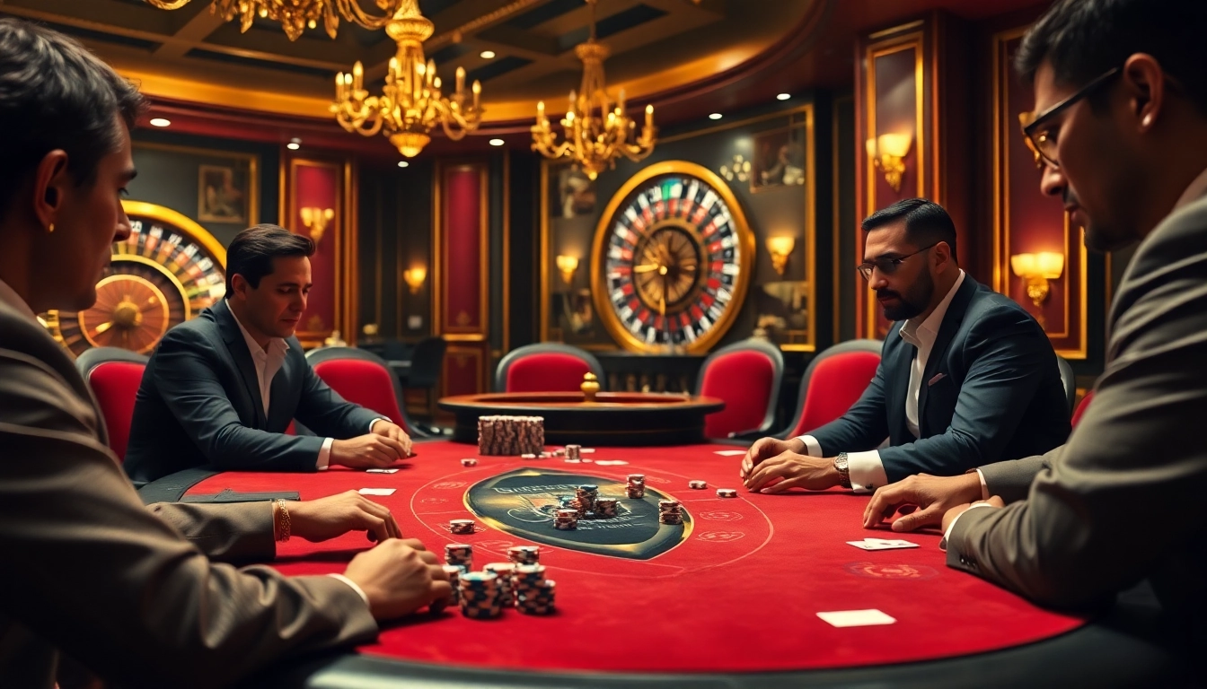 Immigration lawyer brisbane advising players at a luxurious poker table in an elegant casino setting.