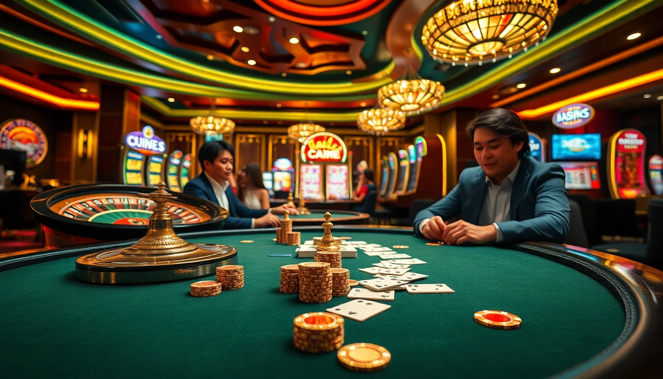 Experience UU88 at a luxurious casino with players enjoying poker and slot machines.