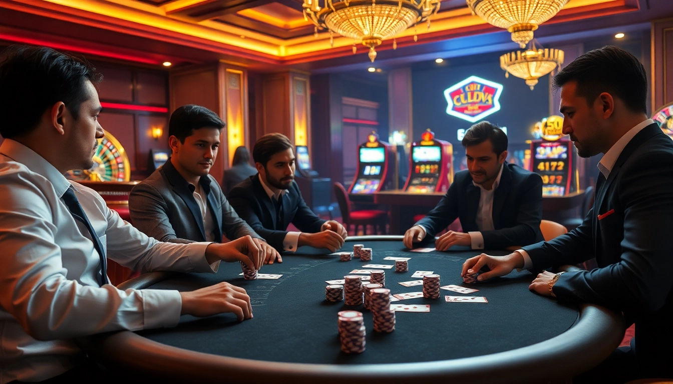 Players enjoying an intense poker game at 555win casino, showcasing thrilling moments and vibrant chips.