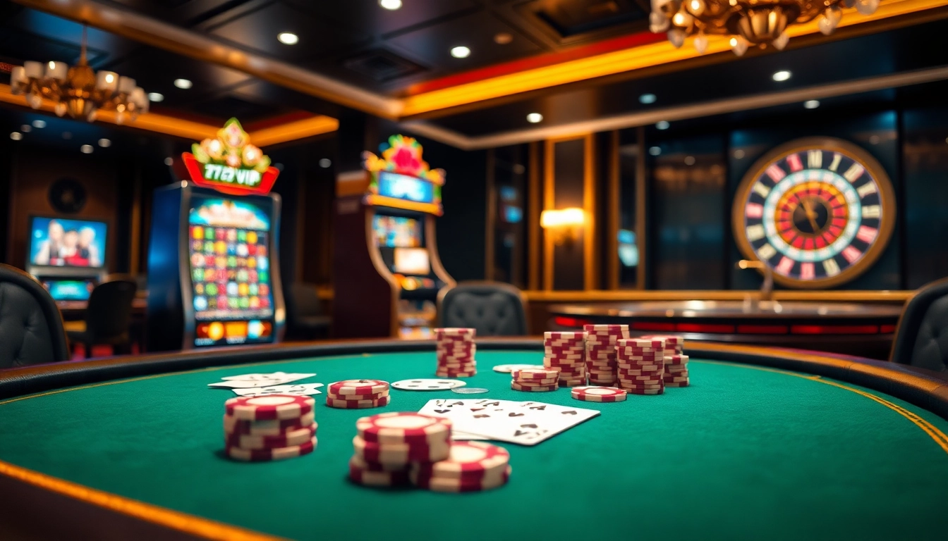 Enjoy thrilling gameplay with 777VIP at an elegant poker table and vibrant slot machines.