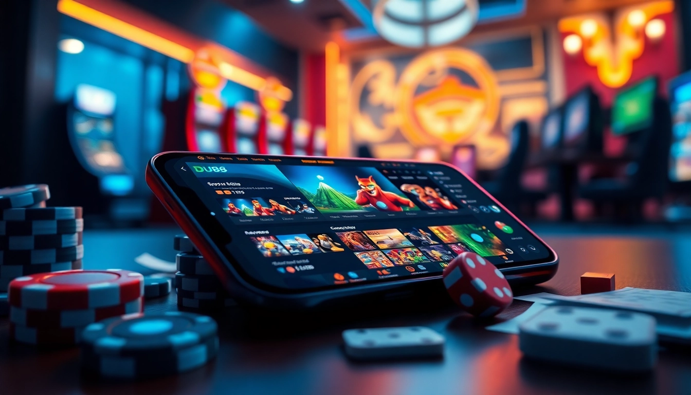 Experience the excitement of online gambling at DU88 with a vibrant smartphone display and gaming elements.