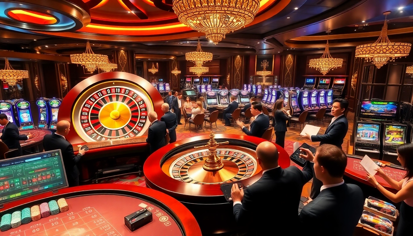 Excited gamblers playing at a luxurious casino setting featuring https://rr88co.net/ with roulette, slots, and poker.