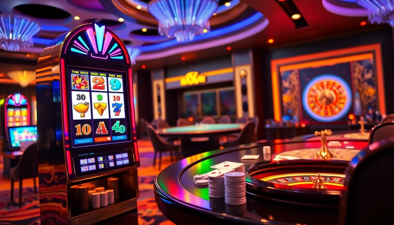 Engaging scene of bk8 สล็อต with vibrant slot machines and casino atmosphere.