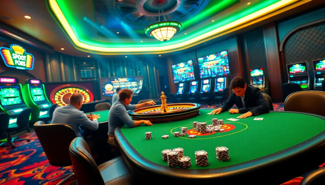 Experience high-stakes SBOBet sports betting at a lavish casino, complete with poker tables and slot machines.