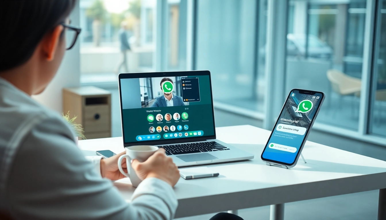 现代办公室中的 WhatsApp Web 界面，突出显示快连官网的功能，如视频通话和位置共享。