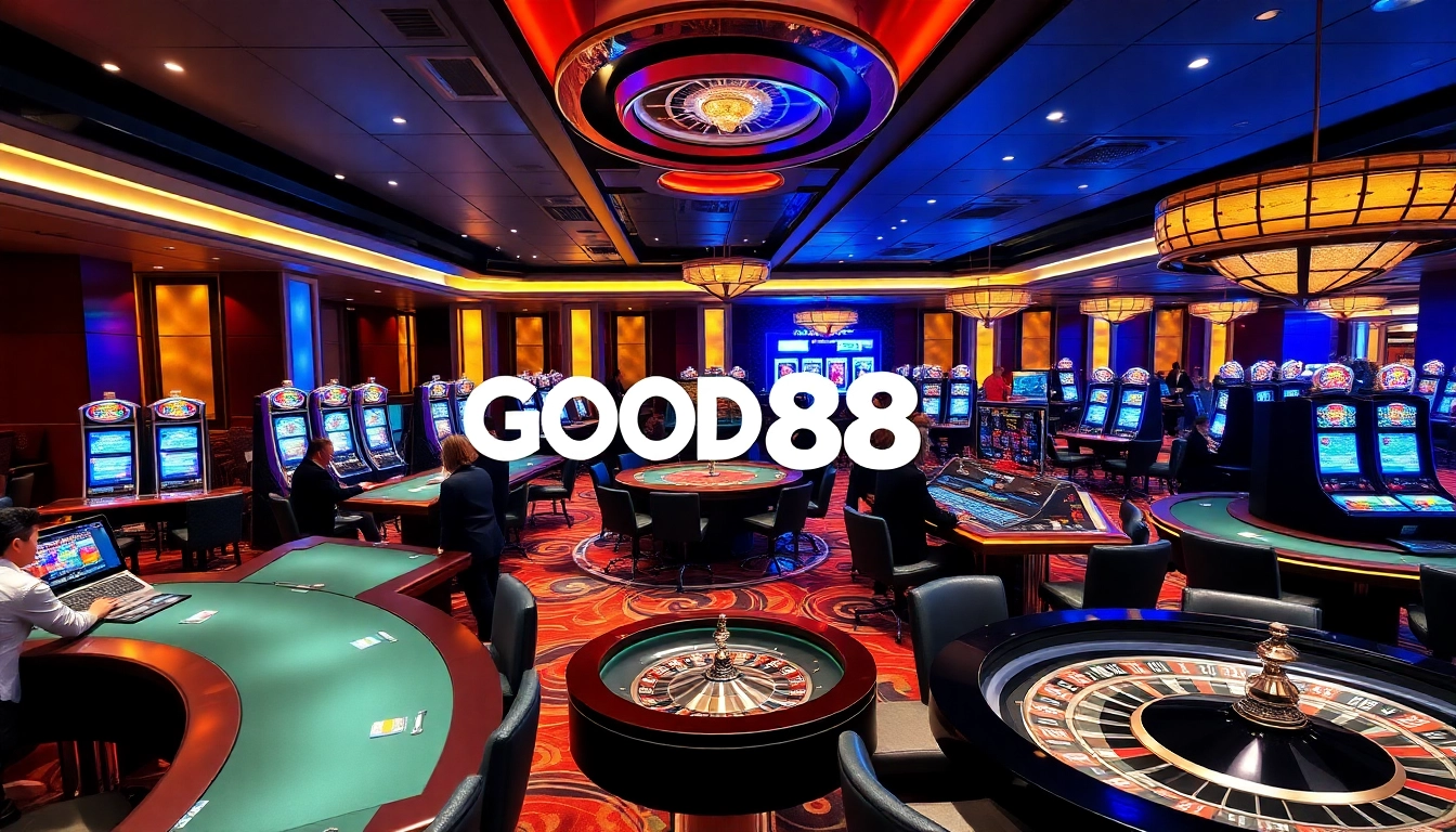 Engage in thrilling gameplay at GOOD88 casino, featuring vibrant tables and colorful slot machines.