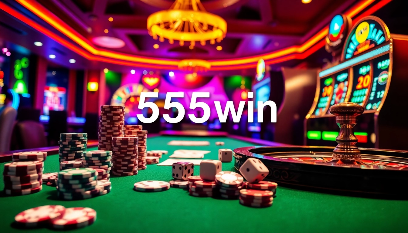 Experience winning at 555win with vibrant poker chips, playing cards, and a roulette wheel.