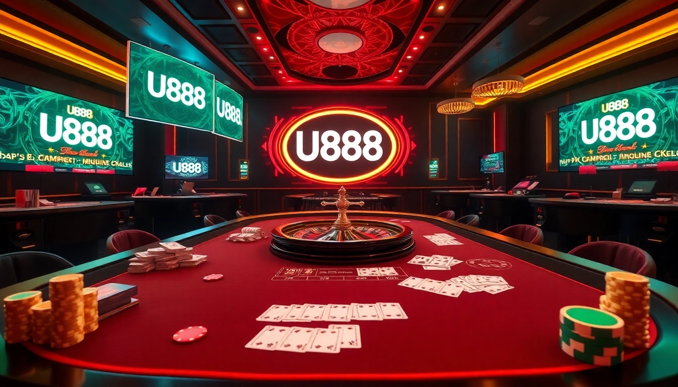 Engaging U888 online casino scene featuring roulette tables and vibrant neon lights.