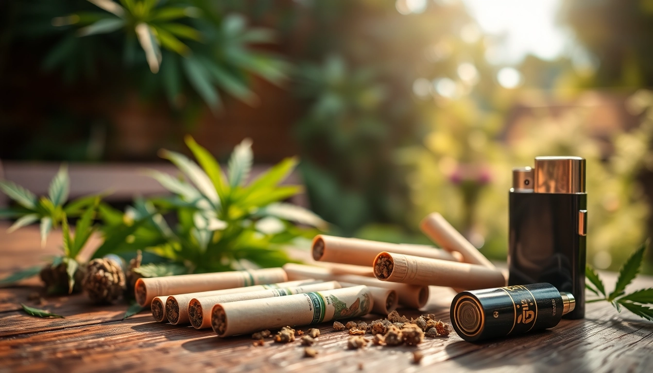 Showcasing pre rolled joints online arranged elegantly on a rustic table in a lush outdoor setting.