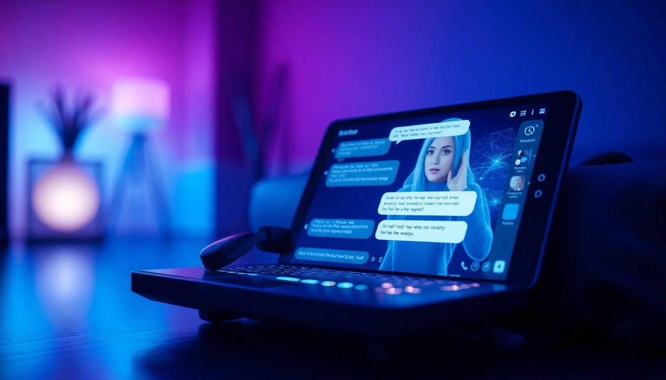 AI porn chat scene with a futuristic chatbot interface and engaging characters.