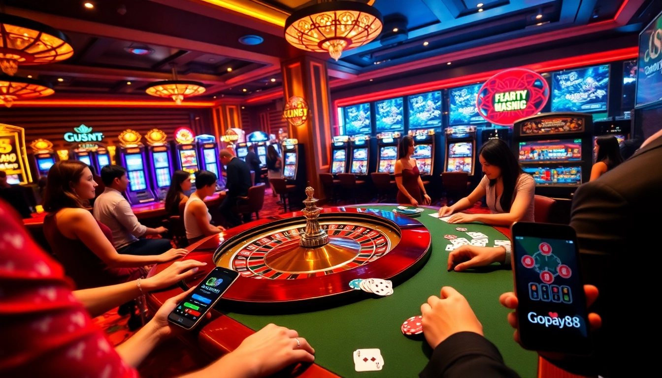 Players engaging in thrilling casino games with Gopay88 app integration visible, showcasing excitement and luxury.