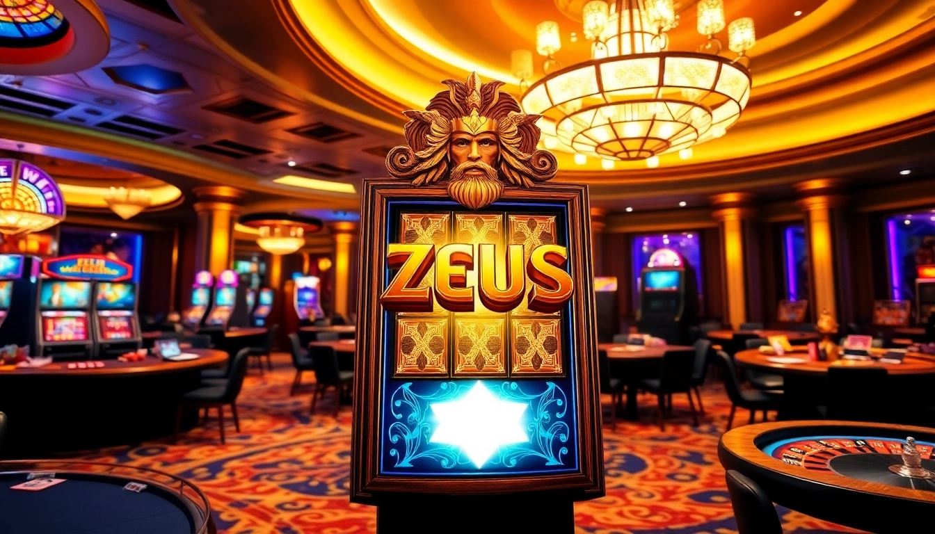Play Zeus slot machine in an elegant casino setting with golden lighting and rich colors.
