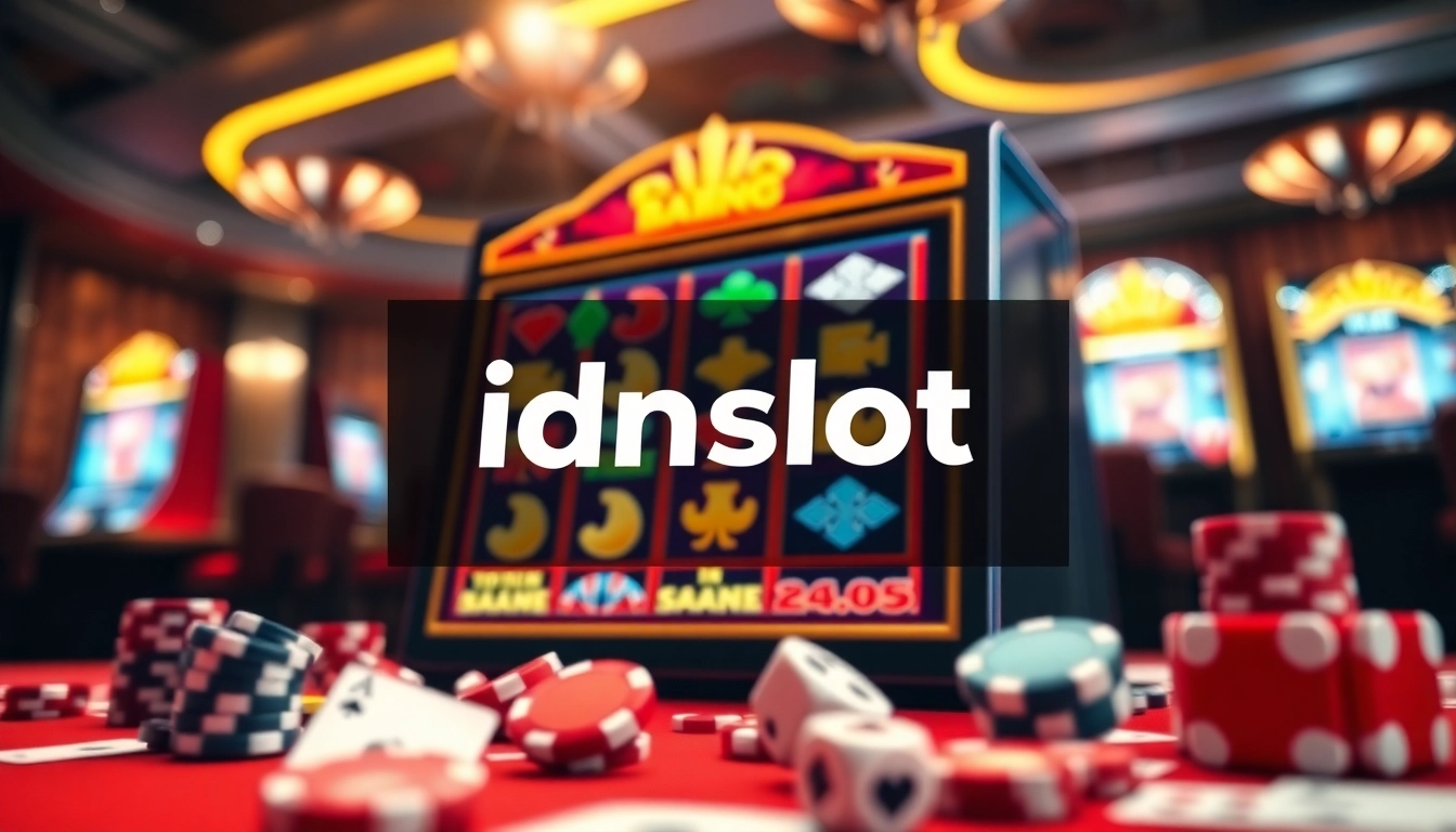 Experience thrilling gameplay with idnslot's vibrant digital casino scene, featuring exciting slot machines and poker chips.