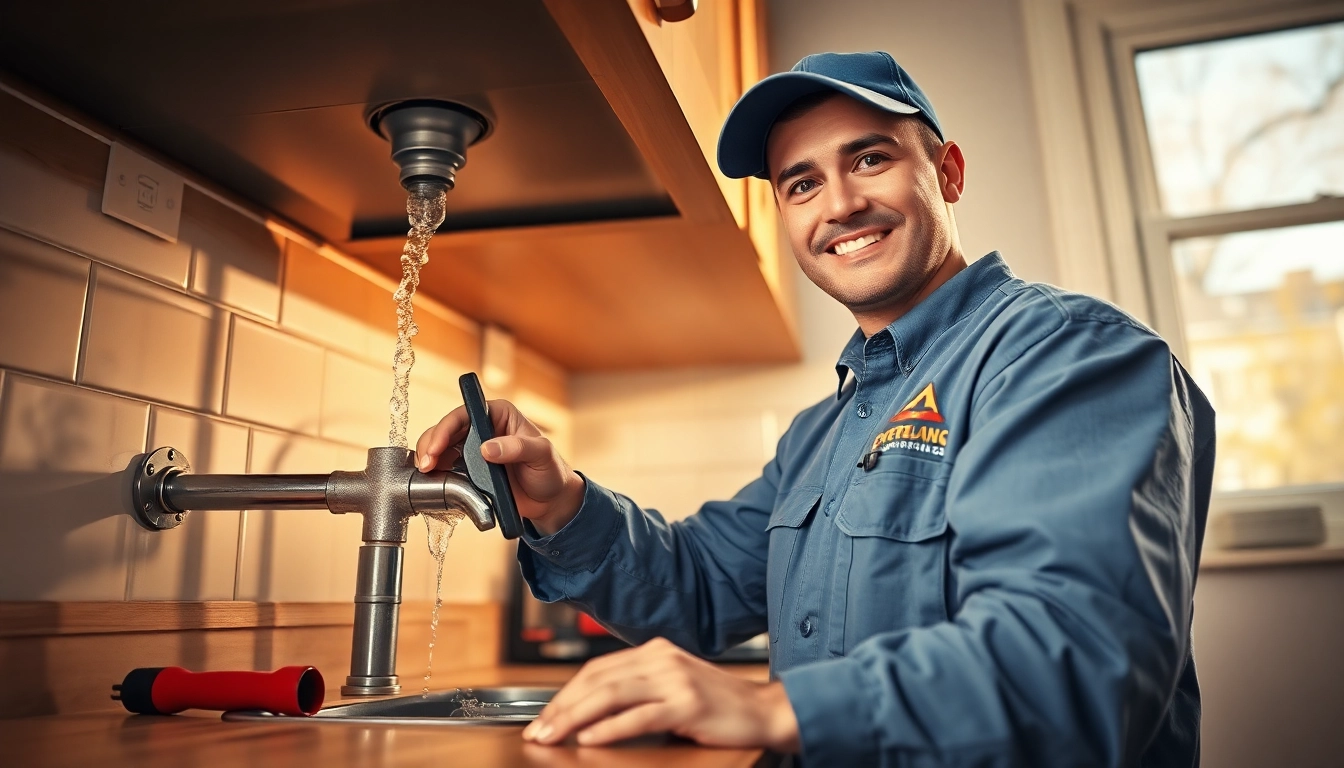 NYC emergency plumber & sewer fixing a leaking pipe under a sink, showcasing professionalism and urgency in a bright kitchen.