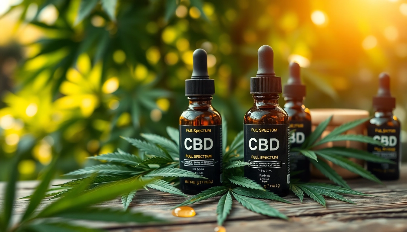 Showcasing full spectrum CBD oil bottle with hemp leaves on a rustic table.