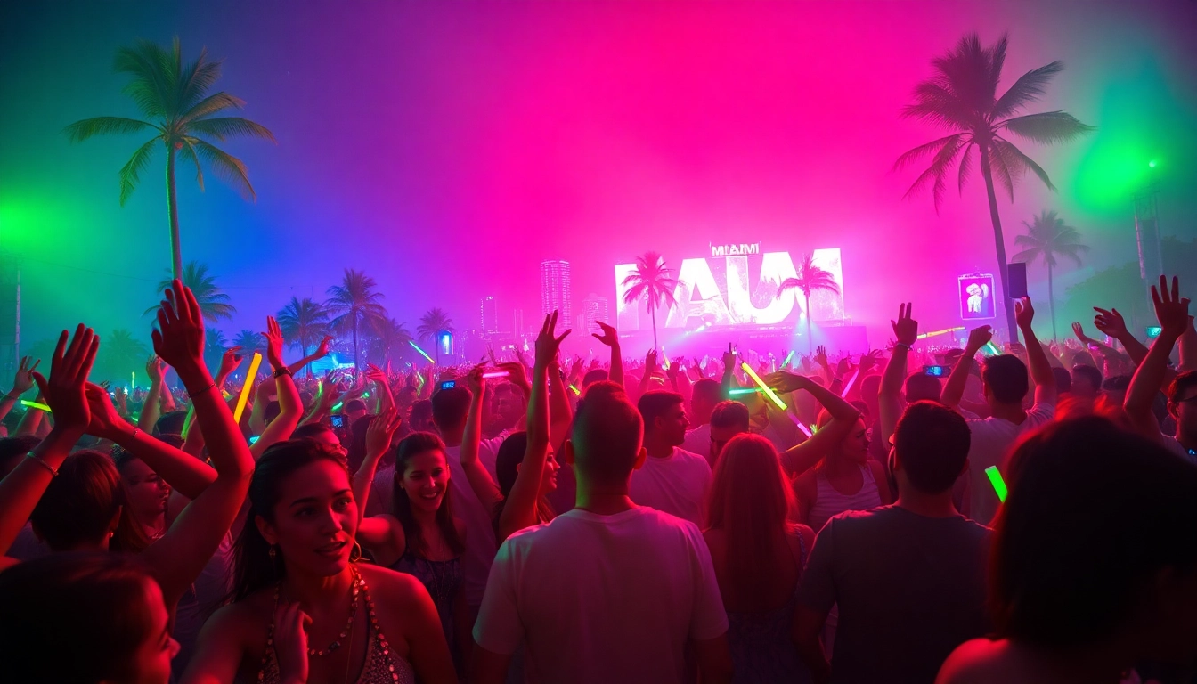 Experience the excitement of the Miami rave with a vibrant crowd dancing in neon lights.