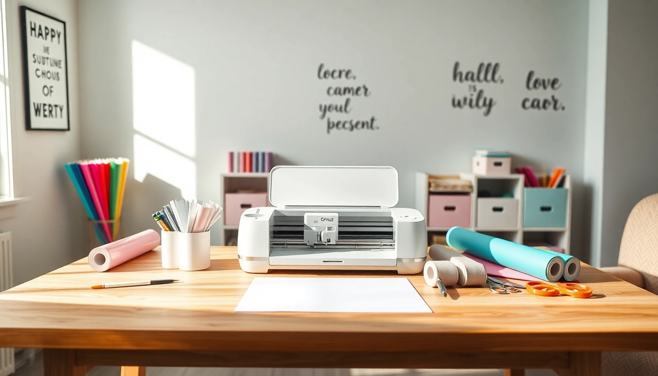 Cricut for beginners: Vibrant crafting workspace with Cricut machine, colorful materials, and tools.