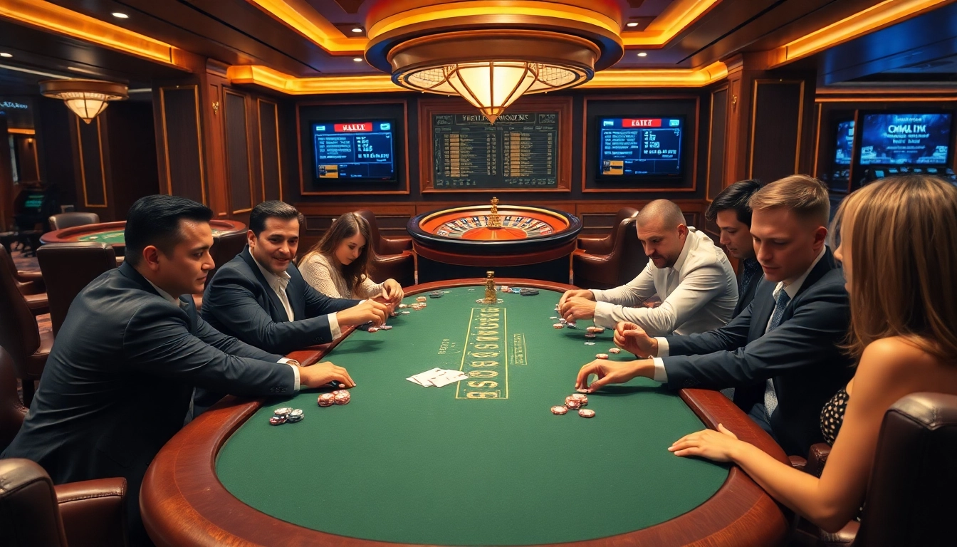Players aiming for that 13 win at a luxurious casino poker table filled with colorful chips.