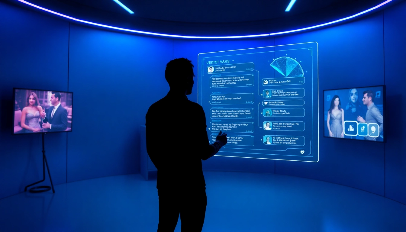 Engaging scene showcasing an user interacting with an nsfw ai chatbot in a futuristic digital environment.