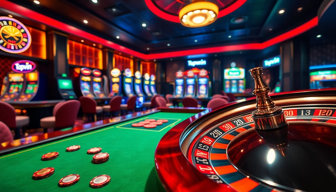 Players enjoying gaming at Topvin casino with vibrant slots, poker tables, and roulette wheels.